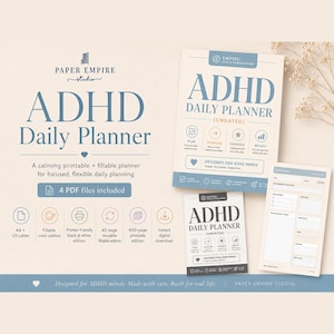Peut inclure: Un ensemble de produits numériques ADHD Daily Planner comprenant une grande couverture, une plus petite et une page de mise en page quotidienne. Le texte indique ADHD Daily Planner, Paper Empire Studio, avec des icônes de planification.