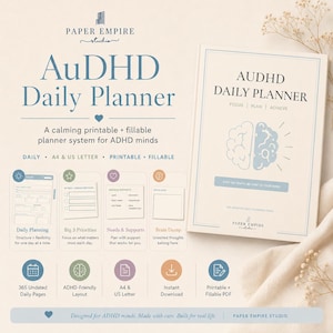 AuDHD Daily Planner, ADHD Autism Executive Function Organizer, 365 Undated Fillable Pages, Printable PDF, A4 US Letter