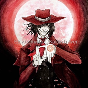 May include: A watercolor painting of a vampire with a red hat and a red coat. He is holding his hand up with a pentagram symbol on his palm. The background is a red moon with a dark background.