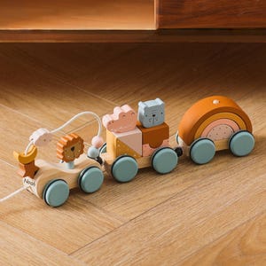 May include: A wooden pull-along toy train with three connected cars. The first car features a lion, a moon, and a star with a bead wire. The middle car carries a pink animal and a blue bear. The last car has a rainbow arch. The word Noah is printed on the side.