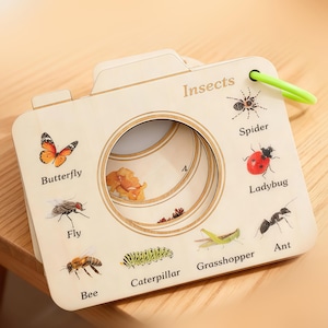 May include: A light-coloured wooden camera-shaped educational toy featuring the text Insects and illustrations of a butterfly, fly, bee, caterpillar, grasshopper, ant, ladybug, and spider, all labelled with their respective names in black text.