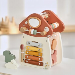 Custom Wooden Mushroom Activity Cube, Personalized Multi Side Playset, Montessori Sensory Toy, Preschool Kid Learning Keepsake Gift
