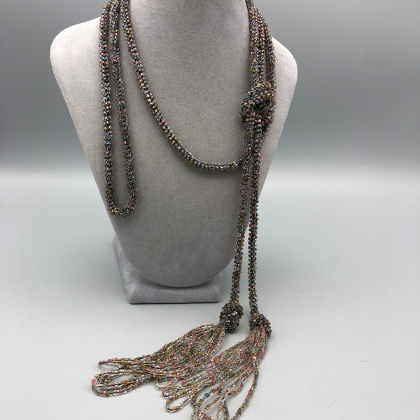 Gray & Pink Beaded Sautoir Flapper Necklace with Tassels, 66"