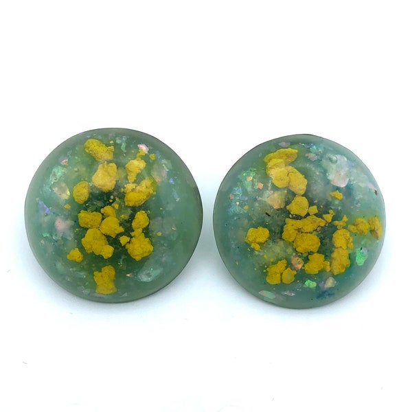 Green & Yellow Confetti Lucite Button Earrings, 1"