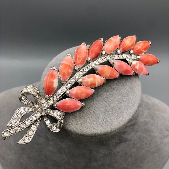 Long Leaf Coral Matrix Glass and Rhinestone Brooc… - image 1