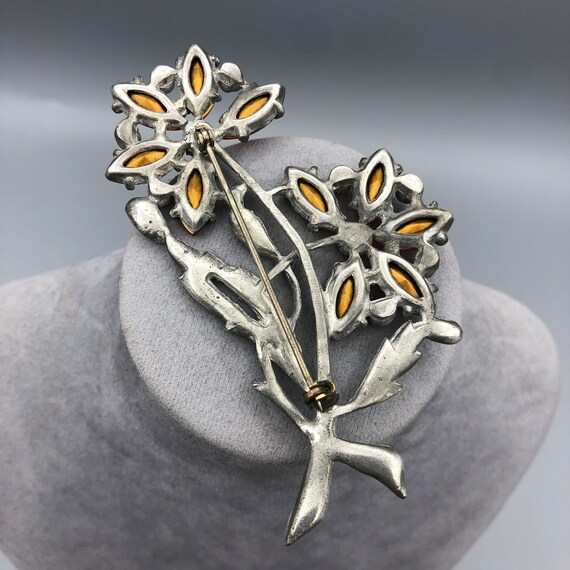 Large Pot Metal Flower Brooch with Orange and Gre… - image 2