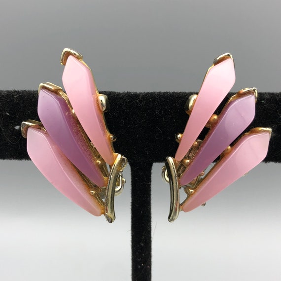 Pink and Lavender Moonglow Lucite Clip Earrings, 1