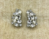 Vintage Signed Weiss Rhinestone Earrings, Navettes Rounds