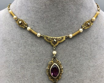 Dainty Edwardian Rhinestone Pendant Necklace with Faux Pearls, Marcasite & Filigree, 16"