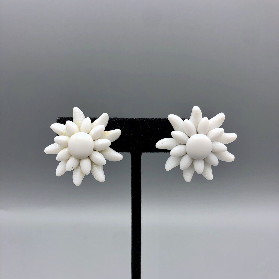 Vintage Milk Glass Beaded Flower Earrings, 1.25 Made in Western Germany