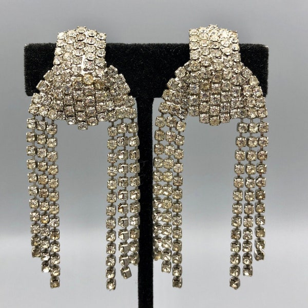 Runway Rhinestone Clip Earrings, 2.75" x 1", Statement Tassels