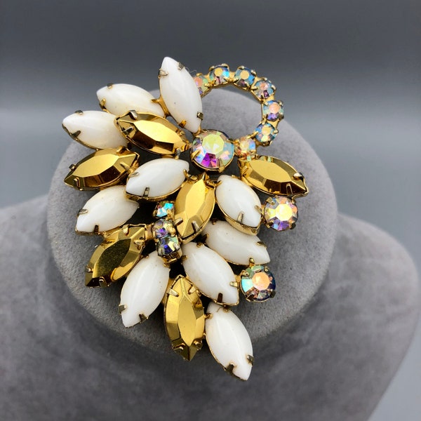 Milk Glass and Aurum Rhonestone Brooch 2.5" x 2", Reborn by Roxy