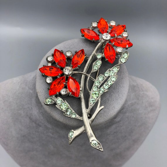 Large Pot Metal Flower Brooch with Orange and Gre… - image 1
