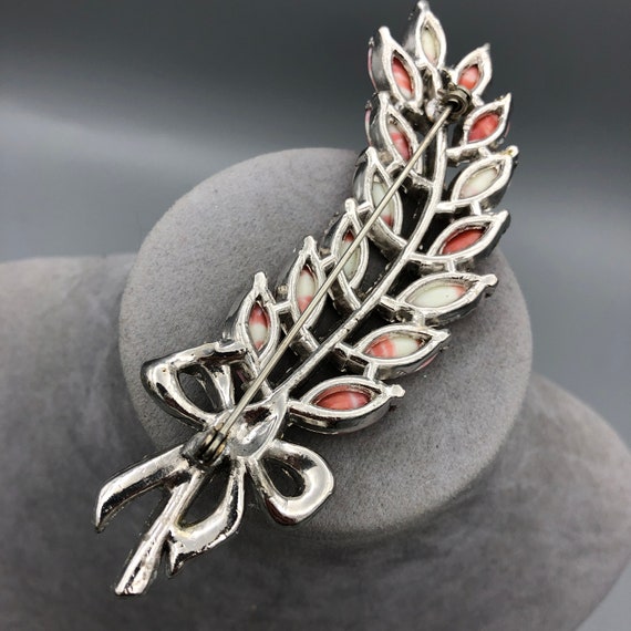 Long Leaf Coral Matrix Glass and Rhinestone Brooc… - image 2