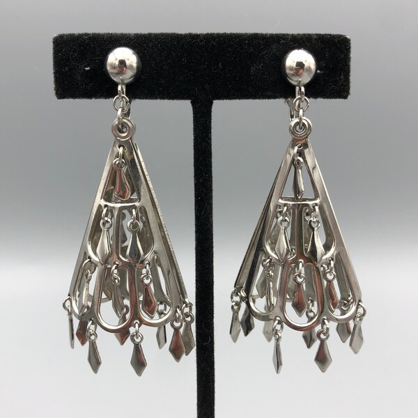 Large Shiny Dangle Clip Earrings, 3" x 1.25", Silver Tone