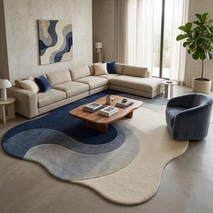 Blue Wave Area Rug Irregular Shape Wool Carpet Modern Abstract Luxury Hand-Tufted Custom Sizes Floor Rug 5x8, 6x9