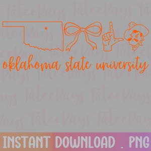 Peut inclure: Graphique orange sur fond gris représentant le contour de l'Oklahoma, un nœud, une main faisant le geste "Hook 'em Horns" et un cow-boy. Le texte "Oklahoma State University" est également inclus.