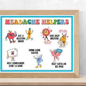 May include: A framed print with the title "HEADACHE HELPERS" featuring cartoon illustrations of headache remedies. The image includes an apple, carrot, flower, bee, pillow, water glass, and brain, each with a corresponding action.