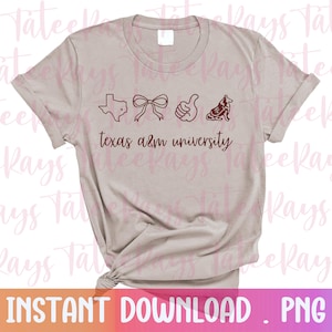 May include: A light beige t-shirt with rolled-up sleeves. The shirt features a maroon graphic of the Texas state outline, a bow, a thumbs-up, and a dog, with the text "texas a&m university". The words "INSTANT DOWNLOAD . PNG" are at the bottom.