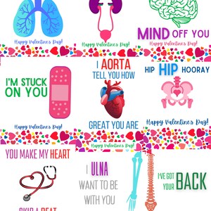 May include: A set of 10 Valentine's Day cards featuring puns about different parts of the human body. Each card has a colorful illustration of the body part and a funny Valentine's Day message. The cards are perfect for adding a touch of humor to your Valentine's Day celebrations.