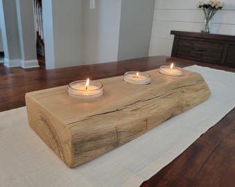 Live Edge White Oak 3-Hole Mason Jar Candle Holder Centerpiece - 19" Reclaimed Barn Wood