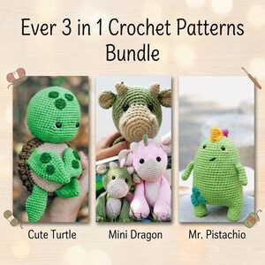 May include: A digital graphic titled Ever 3 in 1 Crochet Patterns Bundle featuring three amigurumi toys: a green and beige turtle, a green and pink dragon set, and a green creature named Mr. Pistachio with a yellow crest and blue spots.