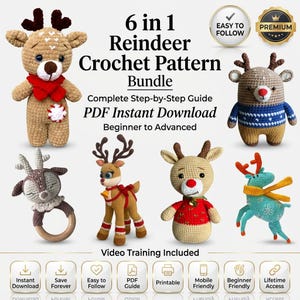 May include: A 6 in 1 Reindeer Crochet Pattern Bundle PDF instant download guide featuring six distinct crocheted reindeer toys in various colors and styles, including a rattle, standing figures, and a blue sweater-wearing reindeer.