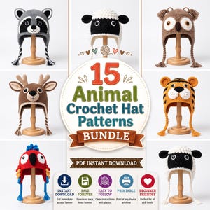 Animal hat crochet pattern bundle with 15 cute designs for kids & adults. Easy PDF beanie patterns. Instant download—start crocheting today!