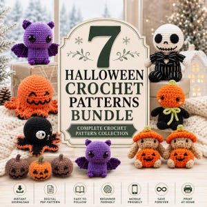 7 Halloween Crochet Patterns Bundle, Halloween Amigurumi PDF, Crochet Pumpkin Ghost Witch Patterns, Spooky Crochet Toys, Instant Download