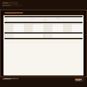 May include: A digital music video shot list template featuring a dark brown border and a cream-colored background. The document includes headers labeled CINELOGICCO and MUSIC PRODUCTION, with structured rows, columns, and checkboxes for organizing production details.