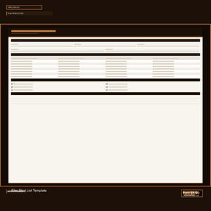 May include: A digital film shot list template featuring a dark brown border and a cream-colored background. The document includes a header labeled CINELOGICCO FILM PRODUCTION, followed by structured rows, columns, and checkboxes for organizing production details.