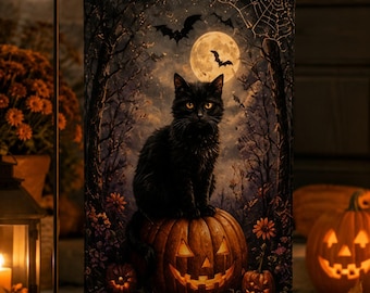 Flaga ogrodowa z czarnym kotem na Halloween, flaga ogrodowa z dynią w blasku księżyca, upiorna jesienna dekoracja ganku, gotycki baner zewnętrzny, jesienny prezent do ogrodu