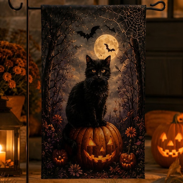 Black Cat Halloween Garden Flag, Moonlit Cat Pumpkin Yard Flag, Spooky Fall Porch Decor, Gothic Outdoor Banner, Autumn Garden Decor Gift