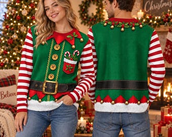 May include: A long-sleeved Christmas elf sweater featuring a green bodice with a printed black belt, gold buckle, and buttons. The design includes red and white striped sleeves, a white faux fur hem, jingle bells, and a pocket with candy canes.