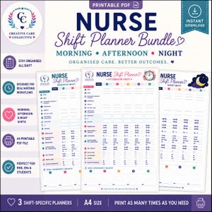 May include: A printable PDF nurse shift planner bundle featuring three distinct A4 templates for morning, afternoon, and night shifts. Each planner includes sections for patient details, medical observations, fluid balance, and daily tasks.