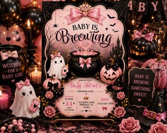 May include: A rectangular baby shower invitation sign featuring a black and pink color scheme with a central black cauldron, a ghost holding a baby bottle, a pink bow, and text that reads Baby is Brewing, Join Us for a Baby Shower, and event details.