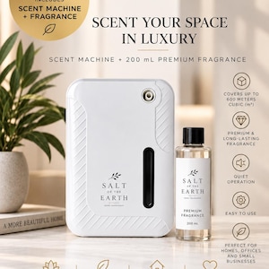 May include: A white rectangular scent machine and a clear 200 mL bottle of Salt of the Earth home fragrance. The machine features a black vertical window and the brand logo. Text includes Launch Special, Scent Your Space In Luxury, and Elevate, Refresh, Welcome, Inspire.