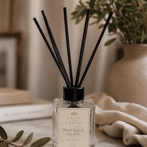May include: A clear glass reed diffuser bottle with a black cap and five black reeds. The label reads Salt of the Earth, Wood Sage & Sea Salt, Reed Diffuser, 100 mL. The square bottle has a minimalist design and contains a liquid fragrance.