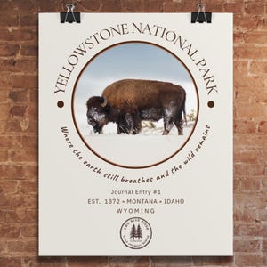 Yellowstone National Park Wall Decor, 8x10 Bison Mountain Print, Wyoming Rustic Home Gift, Field Journal Series