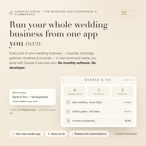 Peut inclure: Une interface numérique pour photographes et vidéastes de mariage intitulée Creator Stack. Elle présente des outils de gestion d'entreprise, dont un tableau de bord Everly & Co. affichant réservations, demandes et délais sur fond beige.