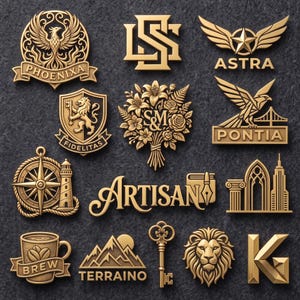Op de afbeelding: Een verzameling goudkleurige metalen emblemen en logo's met diverse ontwerpen, waaronder een feniks, een leeuwenwapen, een kompas, een bloemenboeket met de letters SM, een sleutel, een leeuwenkop, de letter K en teksten zoals PHOENIXA, ASTRA, PONTIA, ARTISAN, BREW en TERRAINO.