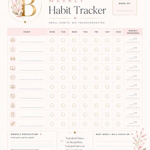 Pu&ograve; includere: Un tracker settimanale delle abitudini stampabile con un logo a lettera B dorata e accenti floreali. Il layout include colonne per i giorni della settimana, righe con icone, una sezione per il progresso, riflessioni e la citazione: You don't have to be perfect. You just have to be consistent.