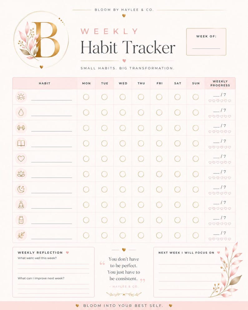 Pu&ograve; includere: Un tracker settimanale delle abitudini stampabile con un logo a lettera B dorata e accenti floreali. Il layout include colonne per i giorni della settimana, righe con icone, una sezione per il progresso, riflessioni e la citazione: You don't have to be perfect. You just have to be consistent.