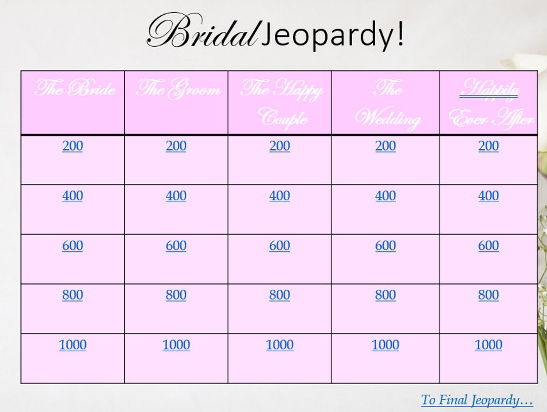Bridal Jeopardy Game Board With Questions Included Powerpoint File Etsy