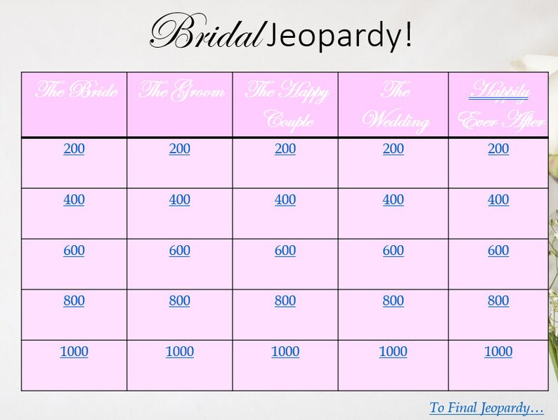 Bridal Jeopardy Game Board With Questions Included Powerpoint File Etsy