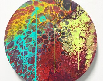 Rainbow pour painting, 12" acrylic on canvas
