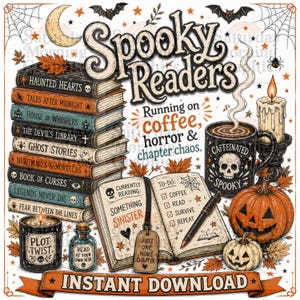 Puede incluir: Una ilustración digital que muestra una pila de libros titulados Haunted Hearts, Tales After Midnight, House of Whispers, The Devil's Library, Ghost Stories, Nightmares & Novellas, Book of Curses, Legends Never Die y Fear Between the Lines.