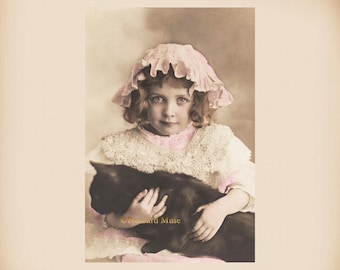 Girl With A Black Cat New 4x6 Vintage Postcard Image Photo Print CE95