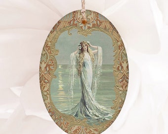 Fantasy Sea Nymph Mermaid Hanging Wood  Ornament Magnet