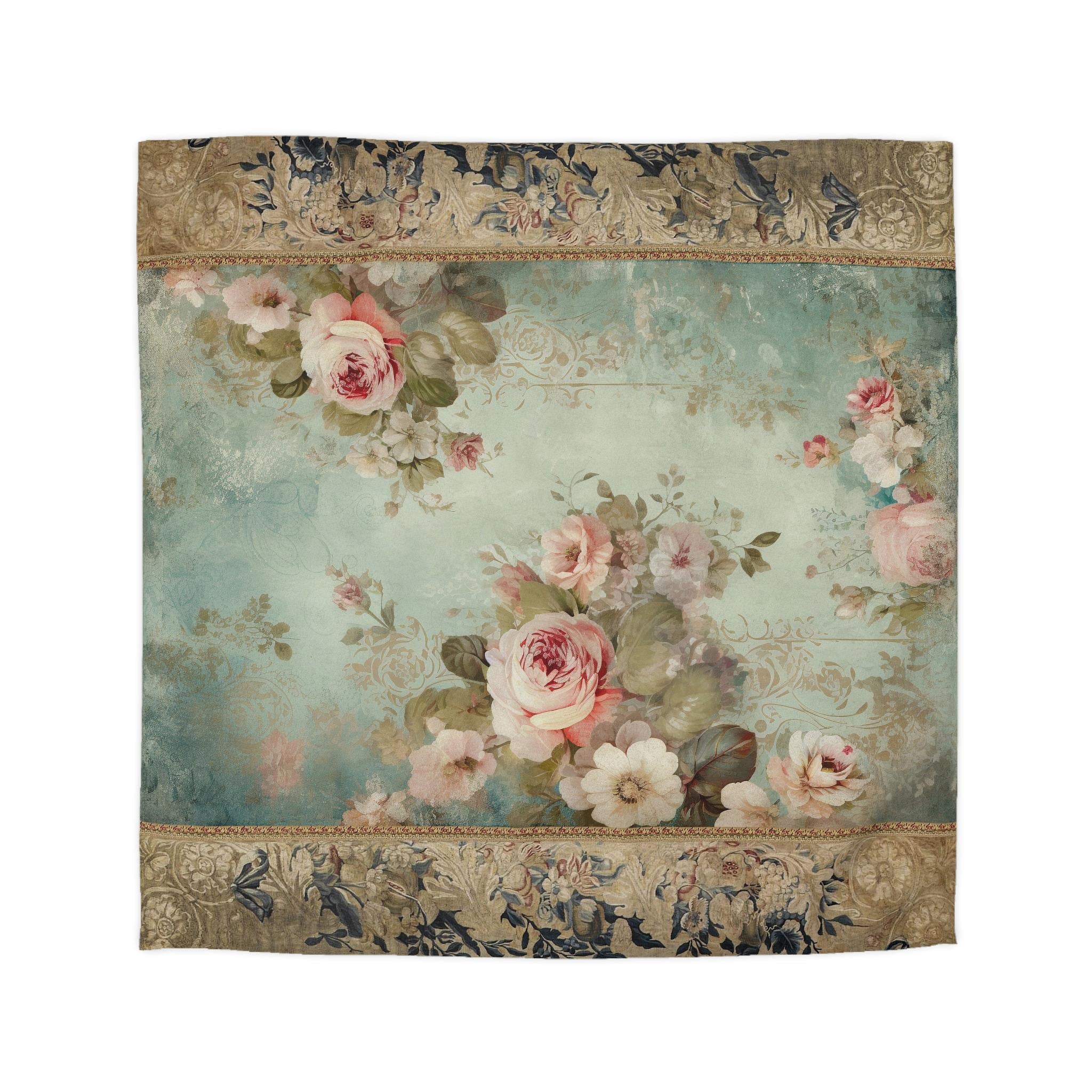 Shabby Pink Roses On Sage Background Microfiber Duvet Cover - Cozy and Stylish Bedroom Decor
